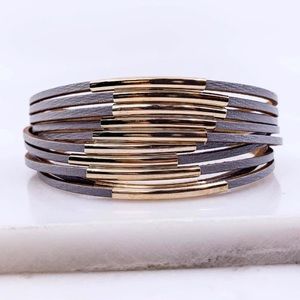 Gray leather gold metal multilayered cuff bracelet